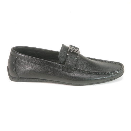 Side profile of black leather driving loafer showing metal B logo detail