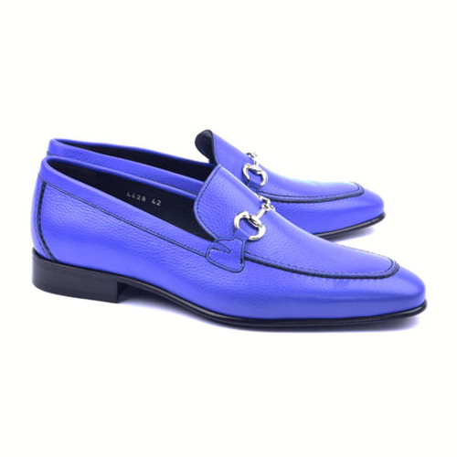 Corrente Blue Grain Leather Horse bit Loafers for men