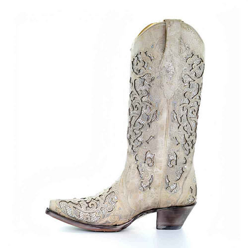 Corral White Glitter Inlay & Crystals Cowgirl leather Boots  Corral White Glitter Inlay & Crystals Cowgirl leather Boots