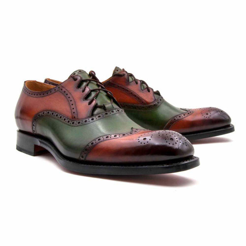 UGo Vasare Classic HandSewn Stephen Two-Toned Laceup Camel/Green Wingtip Oxford Shoes
