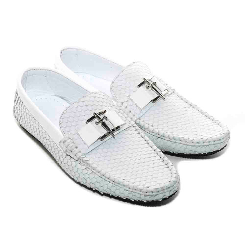 Sigotto Uomo White Embossed Snake Print Loafer with Rubber Sole