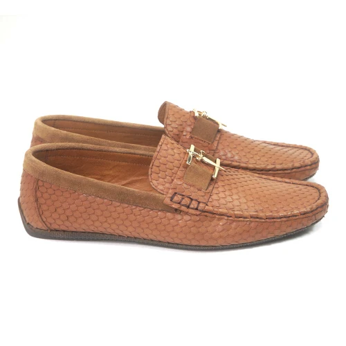Side profile of tan snake print leather loafer showing textured embossing