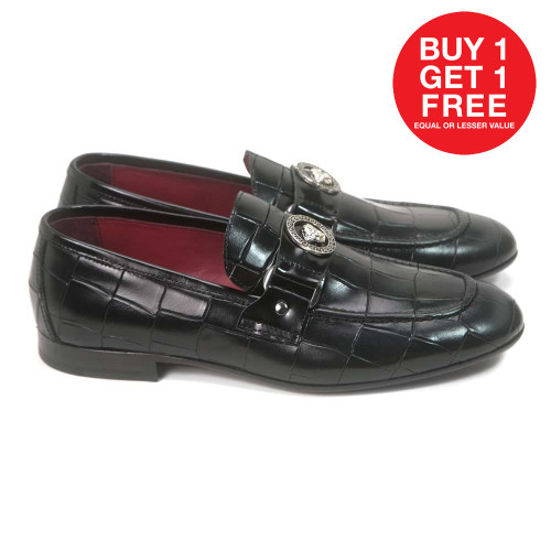 Sigotto Uomo Black Leather Gator Print Loafer with Leather Sole