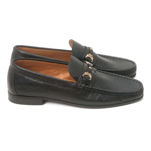 Side view of black grain leather formal slip-on loafer