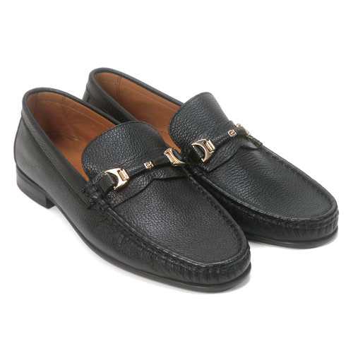 Sigotto Uomo black grain leather slip-on dress shoe, side profile view