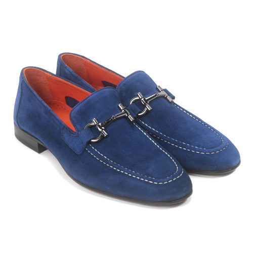 Close-up of polished metal bit detail on ocean blue suede loafer