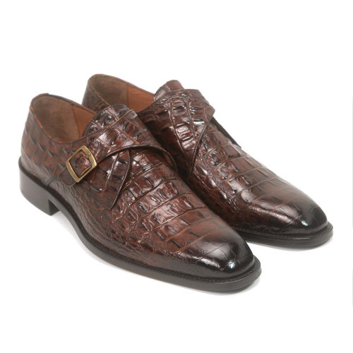 Golden Pass Tabac Hand-Painted Crocodile Print Monk Strap Dress Shoes for Men