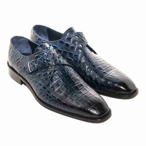 Golden Pass men's blue crocodile embossed leather monk strap shoes with T-strap buckle