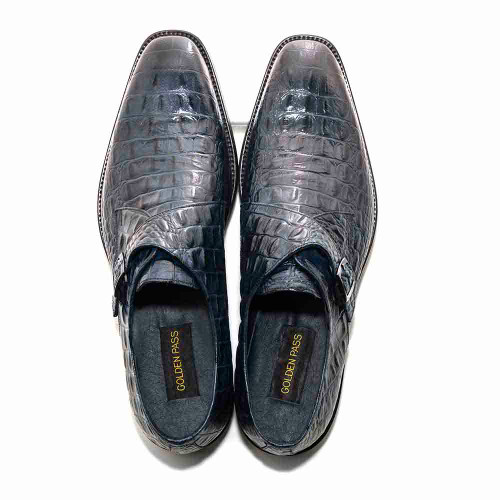Golden Pass Blue Hand-Painted Crocodile Print Monk Strap Dress Shoes for Men