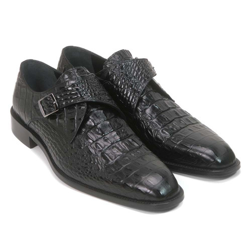 Golden Pass Black Hand-Painted Crocodile Print Monk Strap Dress Shoes for Men