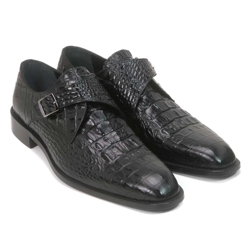 Golden Pass men's black crocodile embossed leather monk strap shoes with T-strap buckle