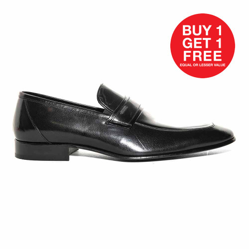 Golden Pass Men's Black Calf Leather Plain Toe Slip on Loafers with Leather Sole