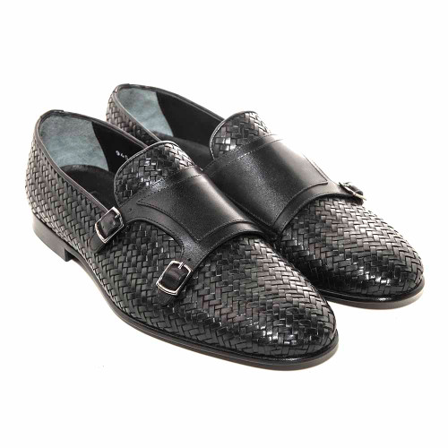 Golden Pass Black Woven Double Buckle Monk Strap Men's Shoes