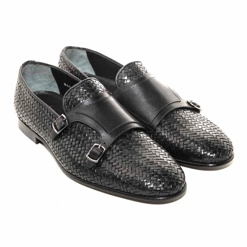 Golden Pass men's black woven leather double monk strap dress shoes with dual buckles