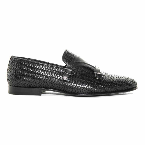 Golden Pass Black Woven Calfskin Leather Double Monk Strap Handmade European Leather Sole Slip-On Dress Shoes for Men