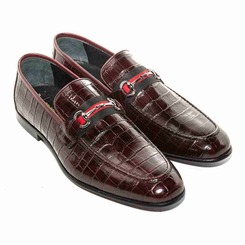 Golden Pass Burgundy Crocodile Print Horse Bit Loafers for Men