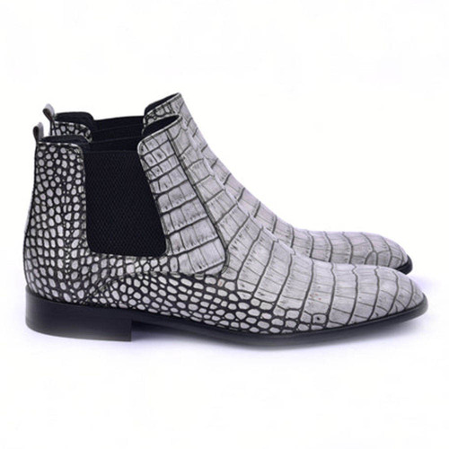 CORRENTE Embossed Crocodile Print Leather Grey Ankle Boot