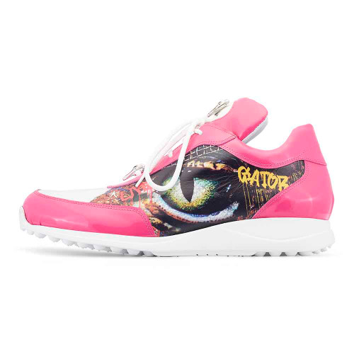 Mauri Solace Genuine Crocodile and Patent Leather Fucsia/ White Graffiti Sneaker With Croc Head For Men