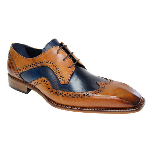 Duca Saranno Premium Italian Leather Navy And Cognac Wingtip Oxford Shoes For Men