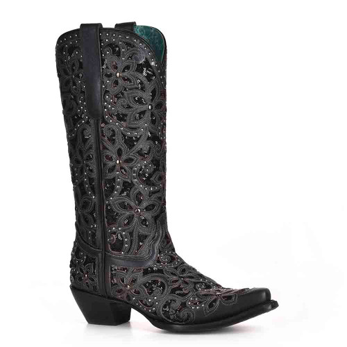 Schwarze Corral-Stiefel mit floralem Glitzer-Inlay und Nieten