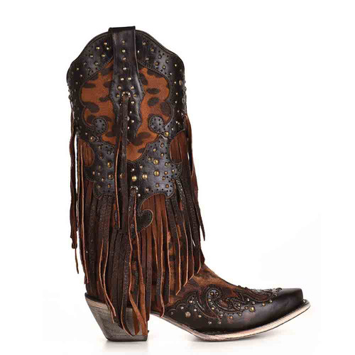 Corral Leopard Print and Fringe Western Boots with Copper Studs Corral Leopard Print and Fringe Western Boots with Copper Studs