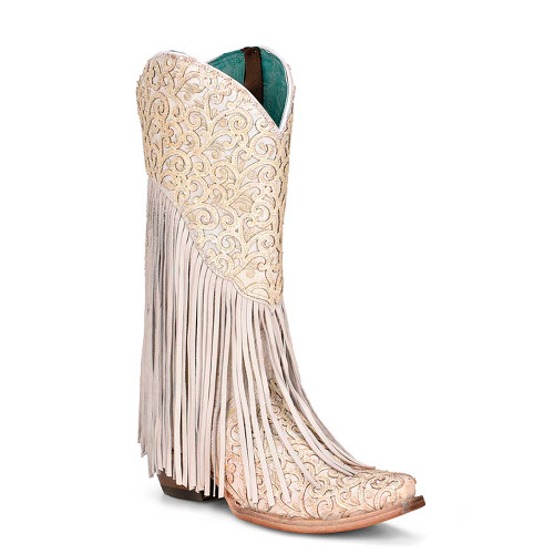 Corral White Lamb Overlay and Embroidery with Fringes Snip Toe Boots Corral White Lamb Overlay and Embroidery with Fringes Snip Toe Boots