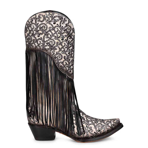 Corral White and Black Cowboy Boots with Lamb Overlay, Embroidery, and Fringes