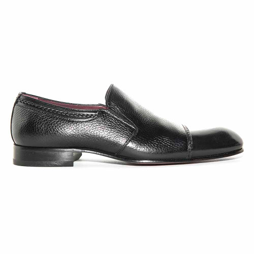 Side profile of black double gore dress shoe showing elastic panel
