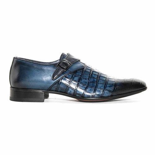 Sigotto Uomo navy blue crocodile print monk strap dress shoe, side profile view