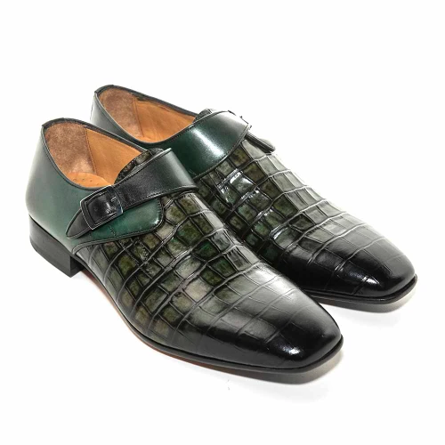 Sigotto Uomo green crocodile print monk strap dress shoe, side profile view