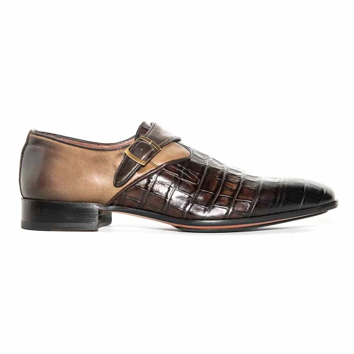 Sigotto Uomo brown crocodile print monk strap dress shoe, side profile view