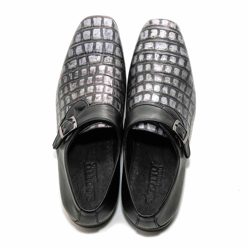 Sigotto uomo chaussures habillées noires à imprimé crocodile gaufré avec boucle et sangle de moine