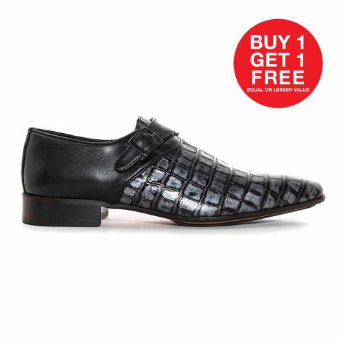 Sigotto Uomo Black Crocodile Print Embossed Monk Strap Buckle Dress Shoes