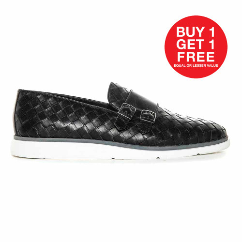 SIGOTTO UOMO Woven Double Buckle Black Soft Leather Dress Casual Shoes