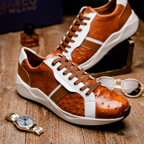 LYON II Ostrich and Calfskin Brandy/White Sneakers