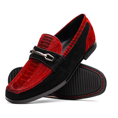 Marco Di Milano Hugo Genuine Ostrich Red/Black Bit Loafers with Rubber Sole