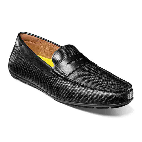 Florsheim Moc-Toe-Penny-Driver aus schwarzem bedrucktem Leder mit Webmuster