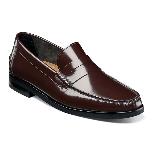 Florsheim Berkley Flex Penny Loafer in Burgundy leather, front three-quarter view