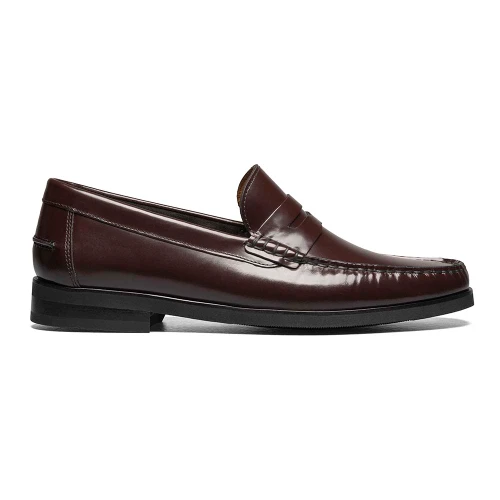 Side profile of the Florsheim Berkley Flex Burgundy leather loafer showing penny strap and beef roll detail