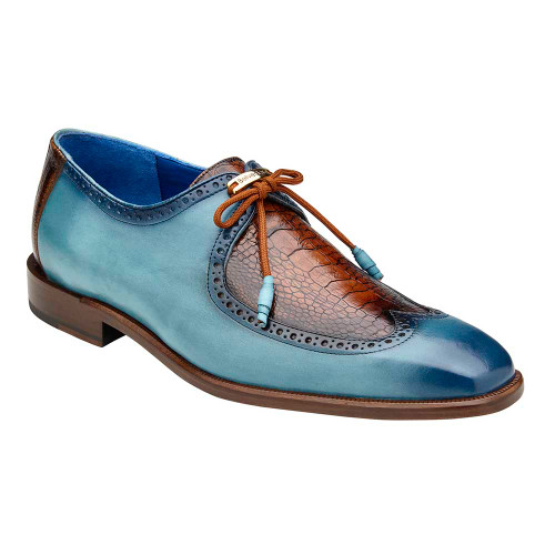 Belvedere Etore Derby Oxford pour hommes, chaussures en cuir d'autruche/veau bleu aqua et amande