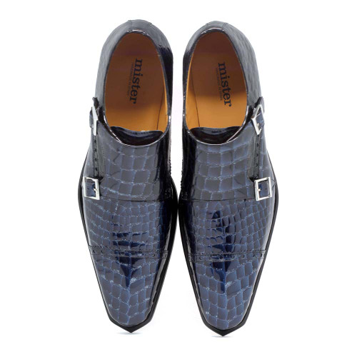 Mister Baga Men's Azure Monk-Straps Blue Crocodile Print Leather Loafers