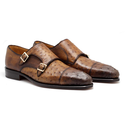 Mister Roma Men's Monk-Straps Camel Exotic Ostrich-Skin Loafers