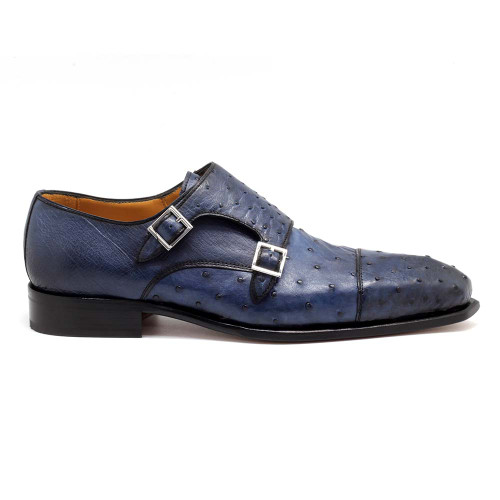 Mister Piles Men's Monk-Straps Azure Blue Exotic Ostrich-Skin Loafers