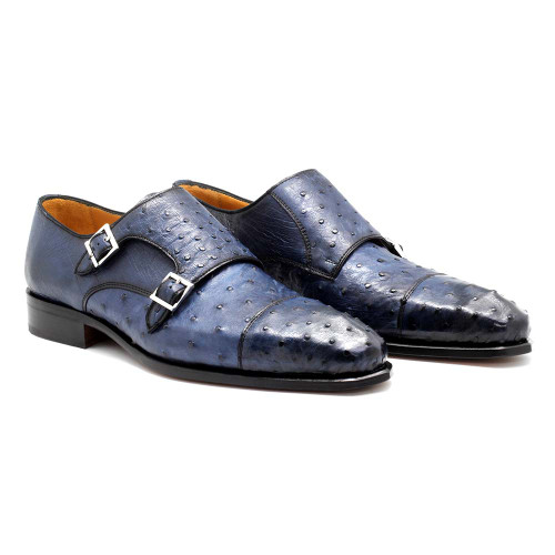 Mister Piles Men's Monk-Straps Azure Blue Exotic Ostrich-Skin Loafers Mister Piles Men's Monk-Straps Azure Blue Exotic Ostrich-Skin Loafers