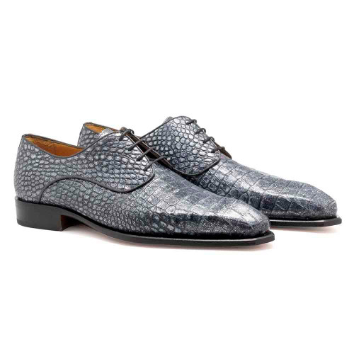 Mister Romani Lace-up Grey Crocodile Embossed Cow Leather Shoes