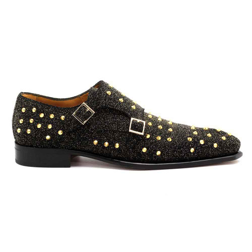 Mister Rupit Black Brushed Double Monk-Strap Pointed Studs Cow Leather Shoes