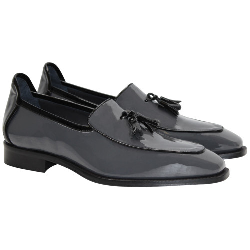 Duca Fano Grey/Black Genuine Italian Patent Leather Tassel Loafer Shoes