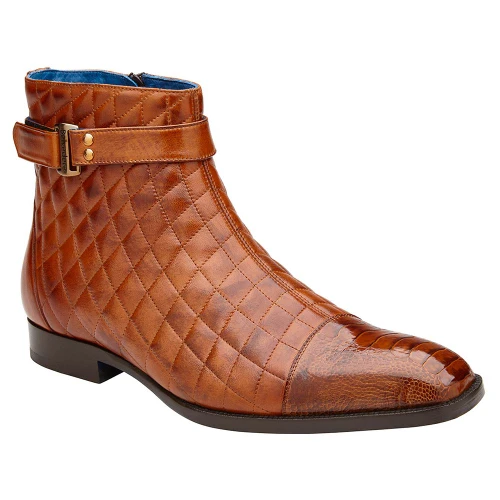 Belvedere Libero almond ostrich leg boot, side angled view showing cap-toe and quilted panel detail