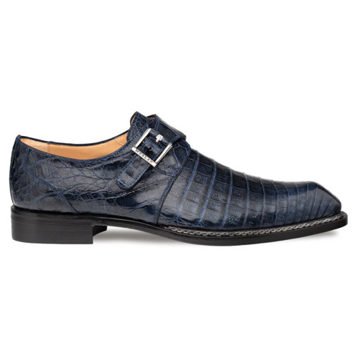 Mezlan Gigolo blue genuine crocodile monk strap shoe, side profile view