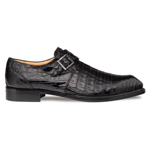 Mezlan Gigolo black genuine crocodile monk strap shoe, side profile view